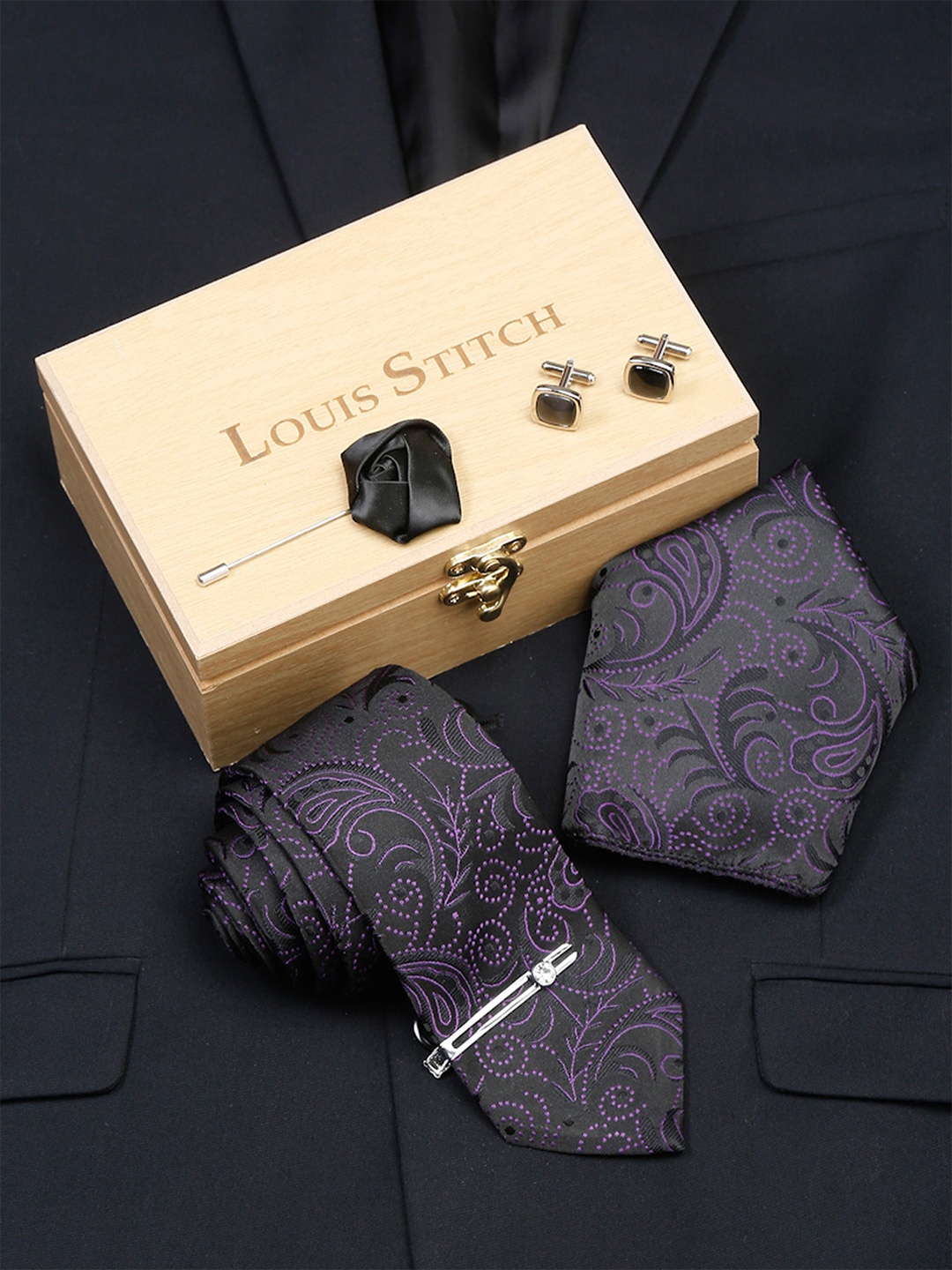 

LOUIS STITCH Men Italian Silk Necktie Accessory Gift Set, Purple