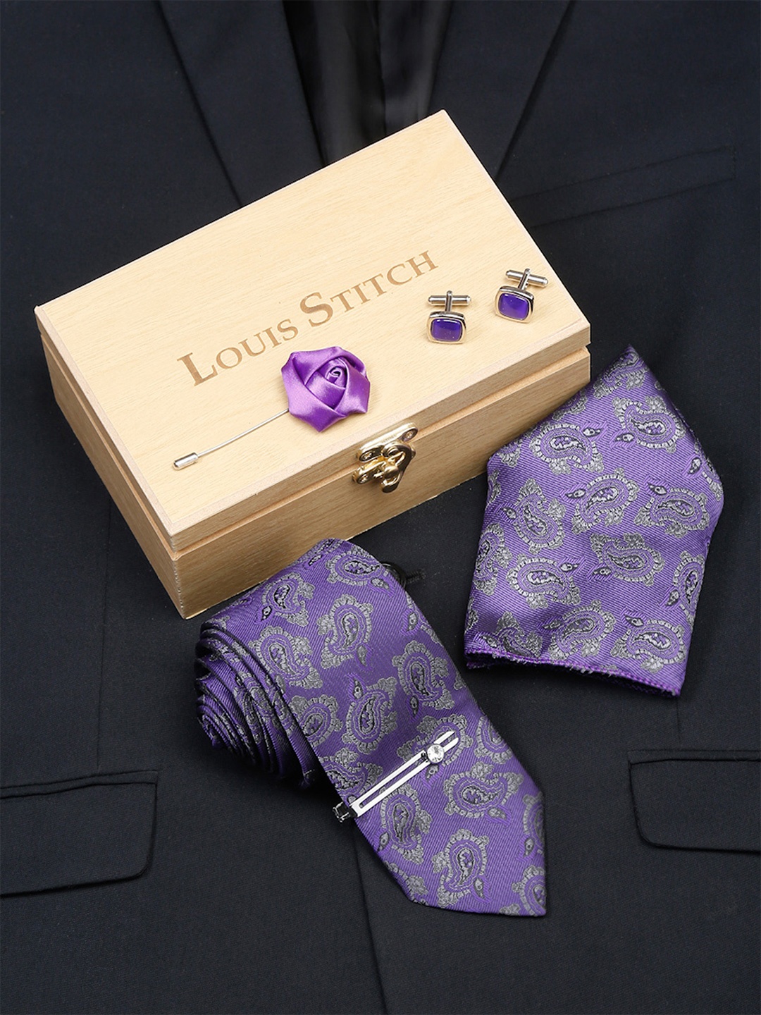 

LOUIS STITCH Men Italian Silk Necktie Accessory Gift Set, Purple