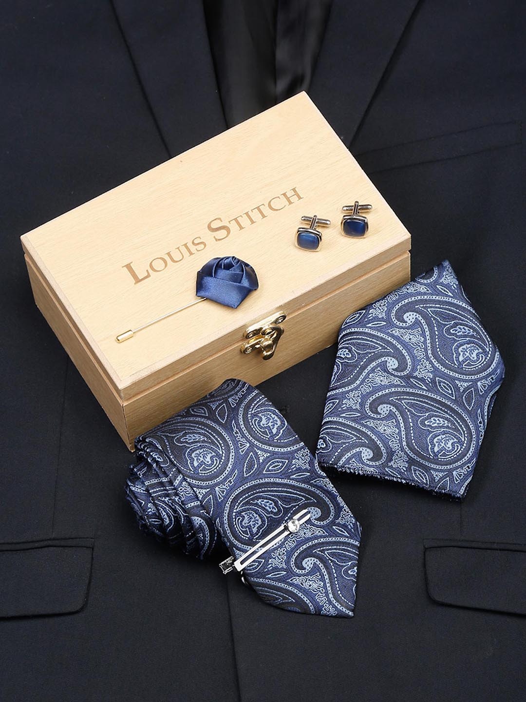 

LOUIS STITCH Men Printed Italian Silk Necktie Accessory Gift Set, Blue