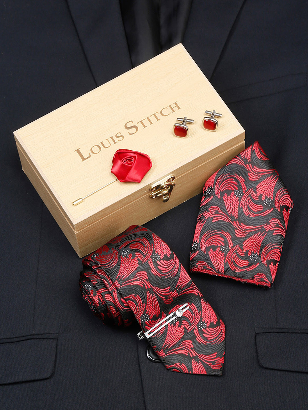 

LOUIS STITCH Men Printed Silk Necktie Accessory Gift Set, Red