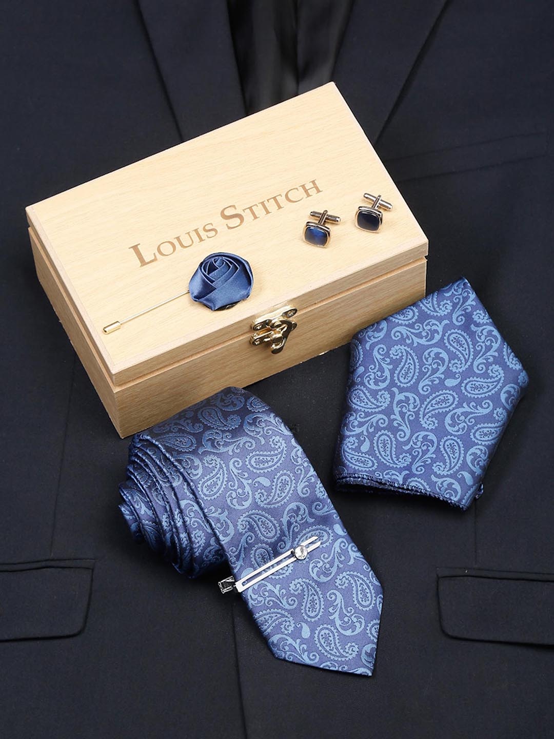 

LOUIS STITCH Men Italian Silk Necktie Accessory Gift Set, Blue