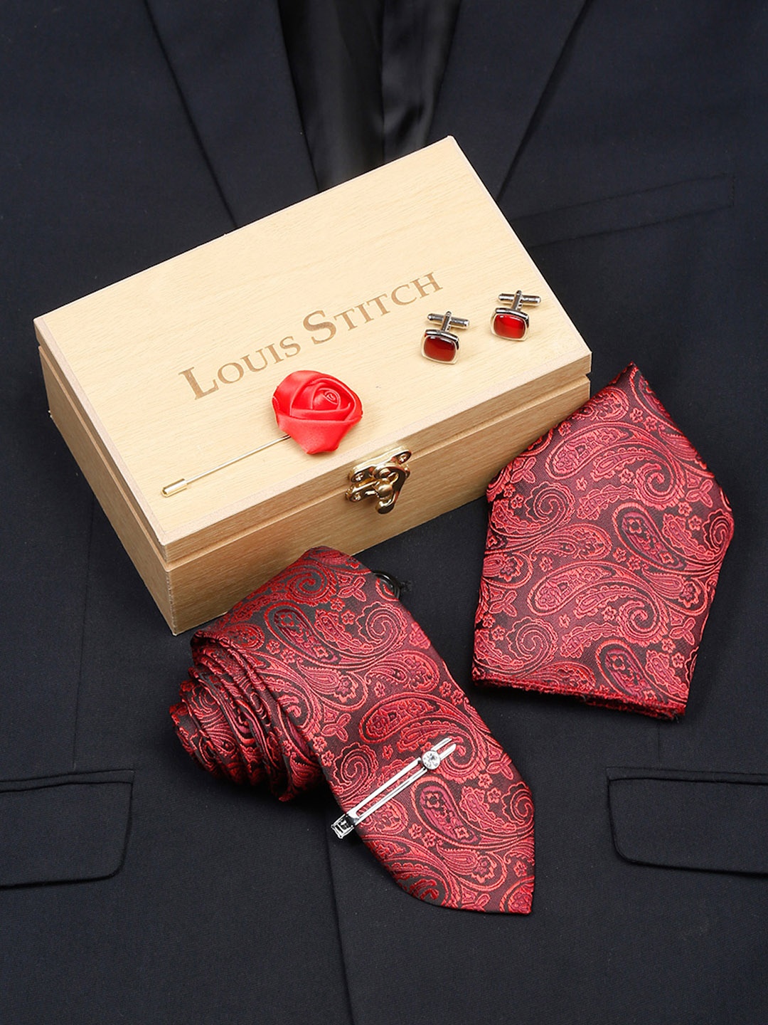 

LOUIS STITCH Men's Italian Silk Necktie Accessory Gift Set, Red