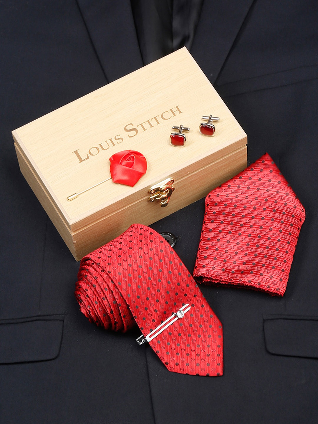 

LOUIS STITCH Men Indian Red Italian Silk Necktie Accessory Gift Set