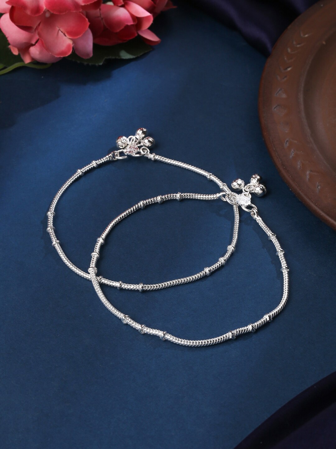 

VIRAASI Set Of 2 Silver-Plated Stone-Studded & Beaded Anklets