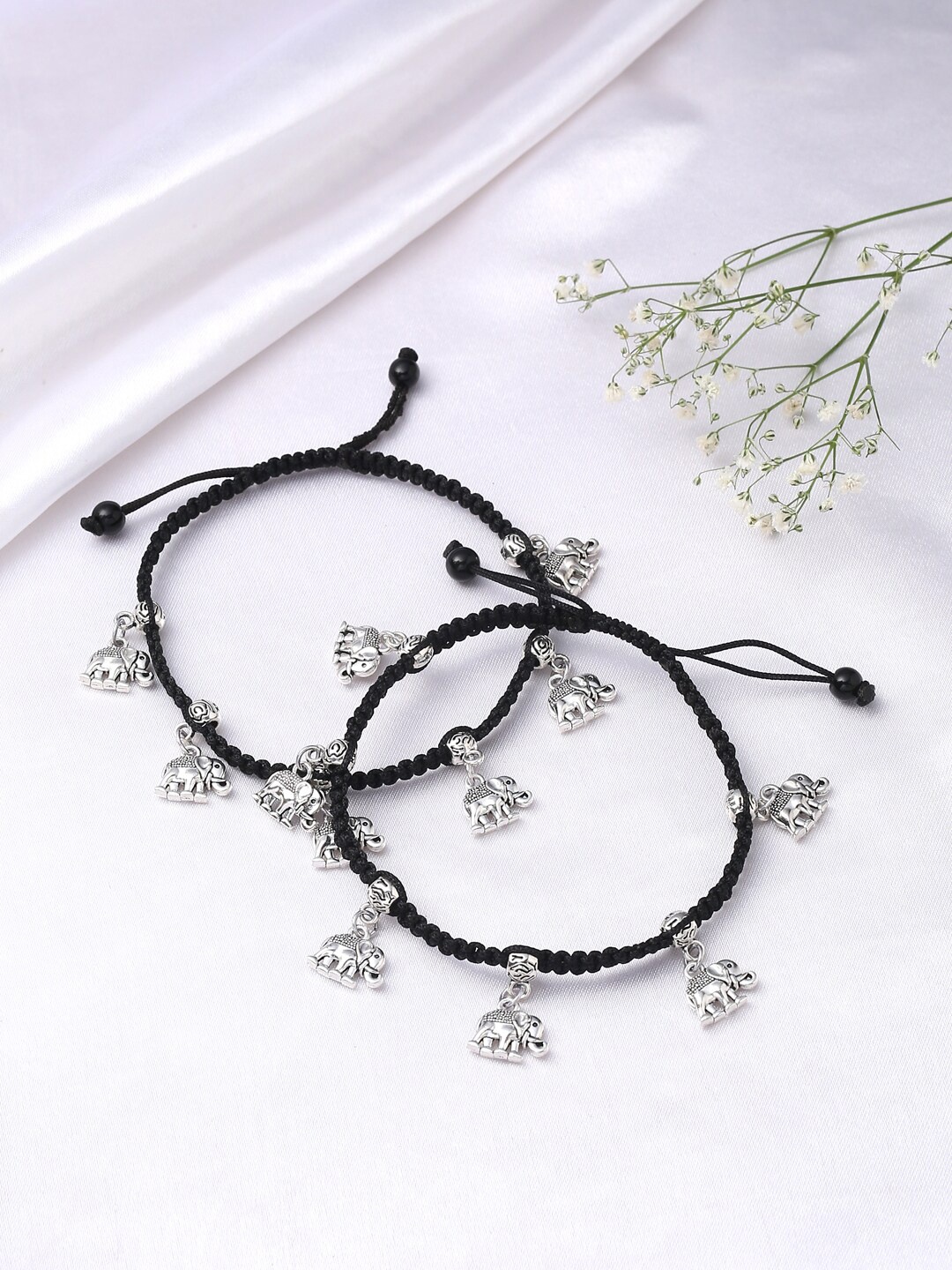 

VIRAASI Set of 2 Elephant Motif Detailed Brass Anklets, Silver