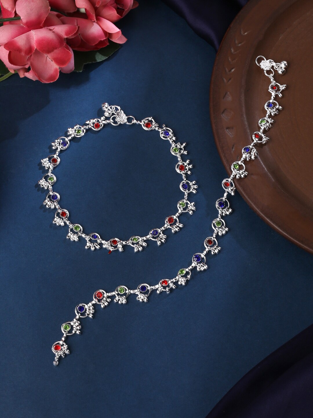 

VIRAASI Set Of 2 Silver-Plated Stone-Studded & Beaded Anklets