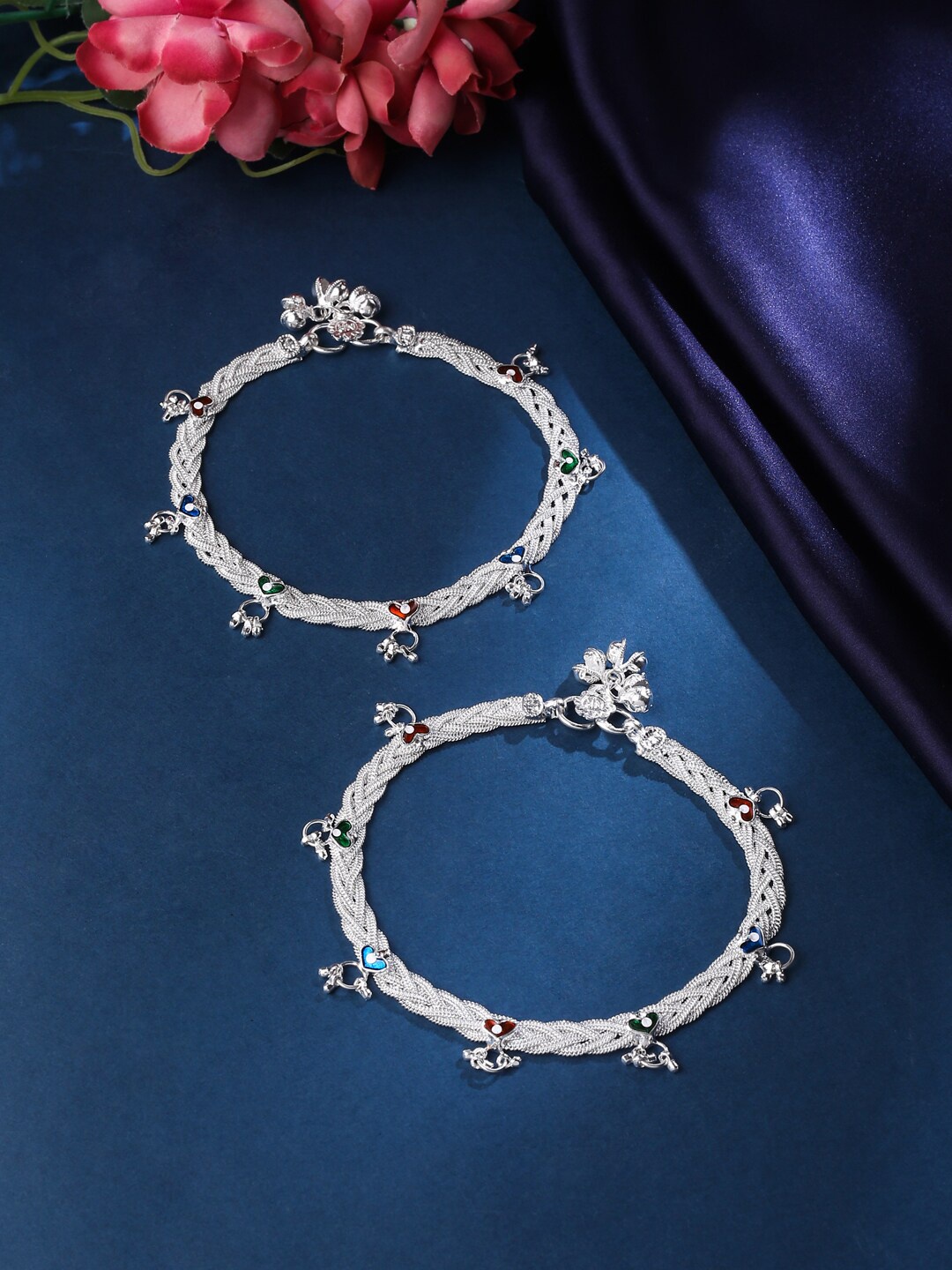 

VIRAASI Set Of 2 Silver-Plated Stone-Studded & Beaded Ghungroo Charm Anklets