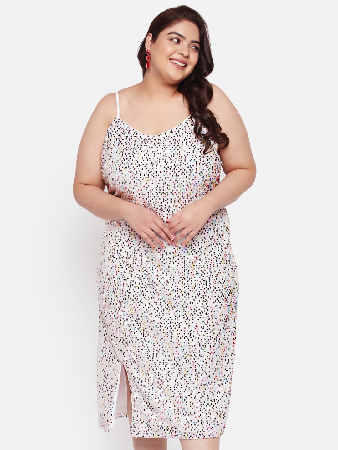 

wild U Plus Size Side Slit Embellished Velvet Sheath Midi Dress, White