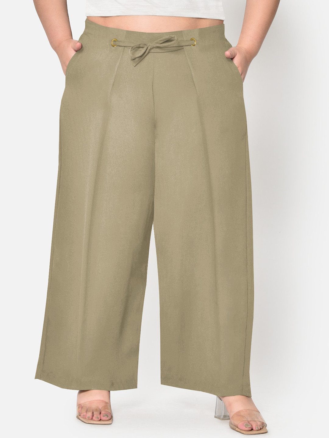 

wild U Women Plus Size Relaxed Flared High-Rise Pleated Parallel Trousers, Olive