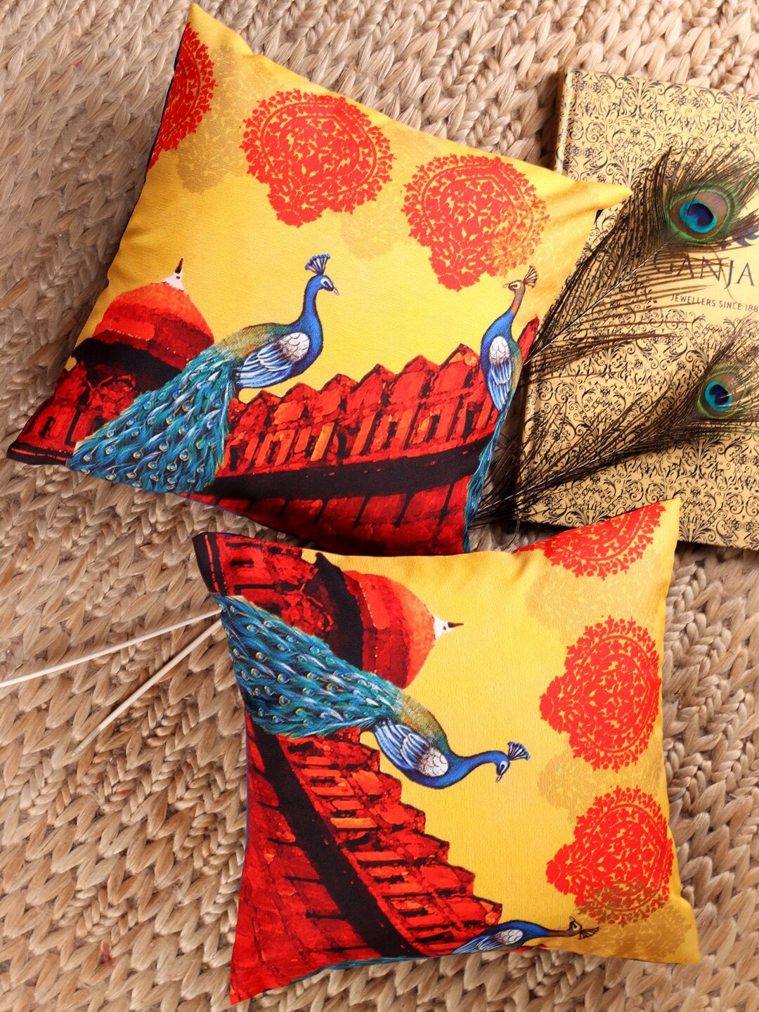 

NISRAG HOME Blue & Red 2 Pcs Ethnic Motifs Printed Square Cushion Covers