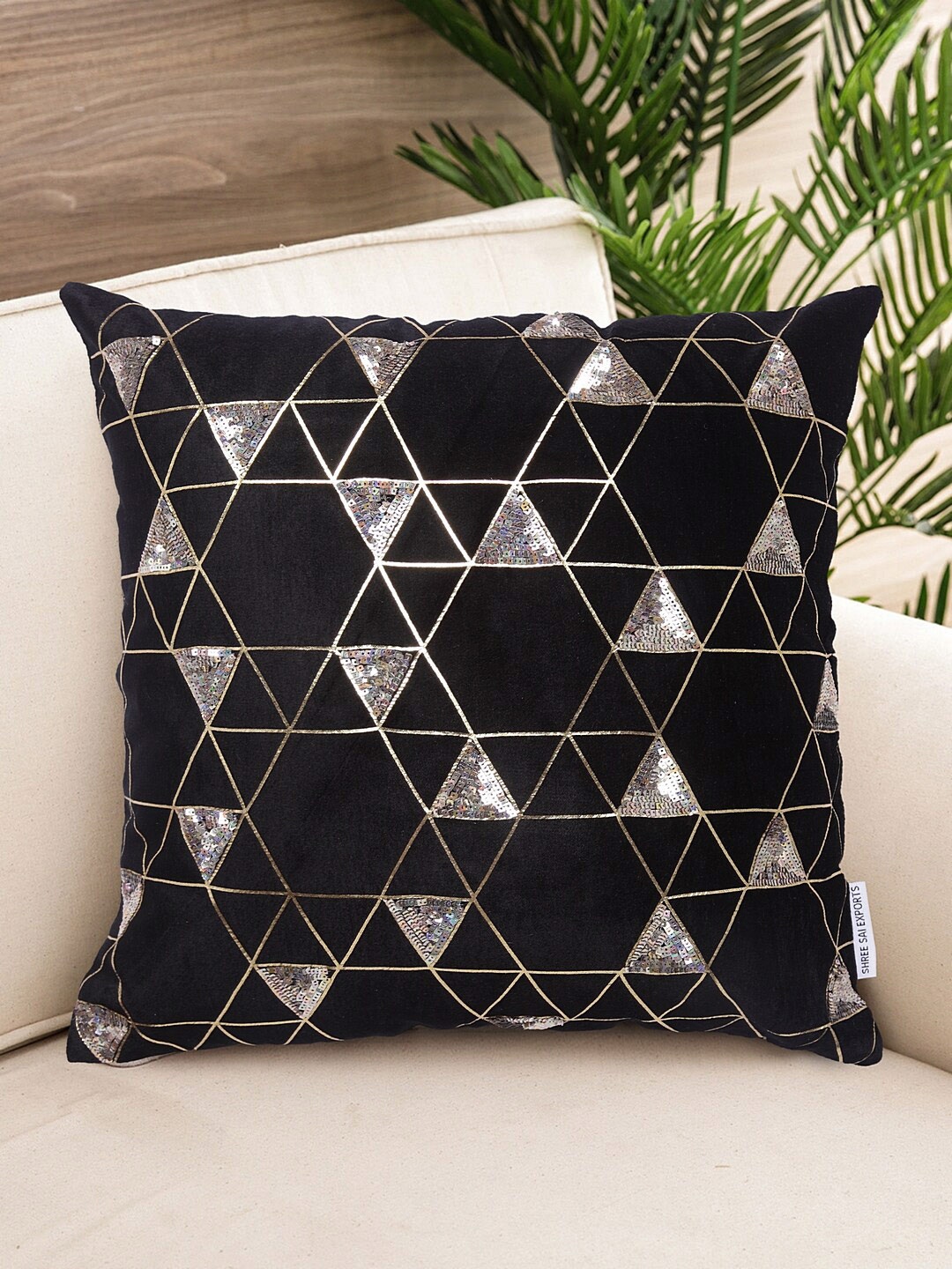 

NISRAG HOME Black & Silver Toned Embellished Velvet Square Cushion Cover