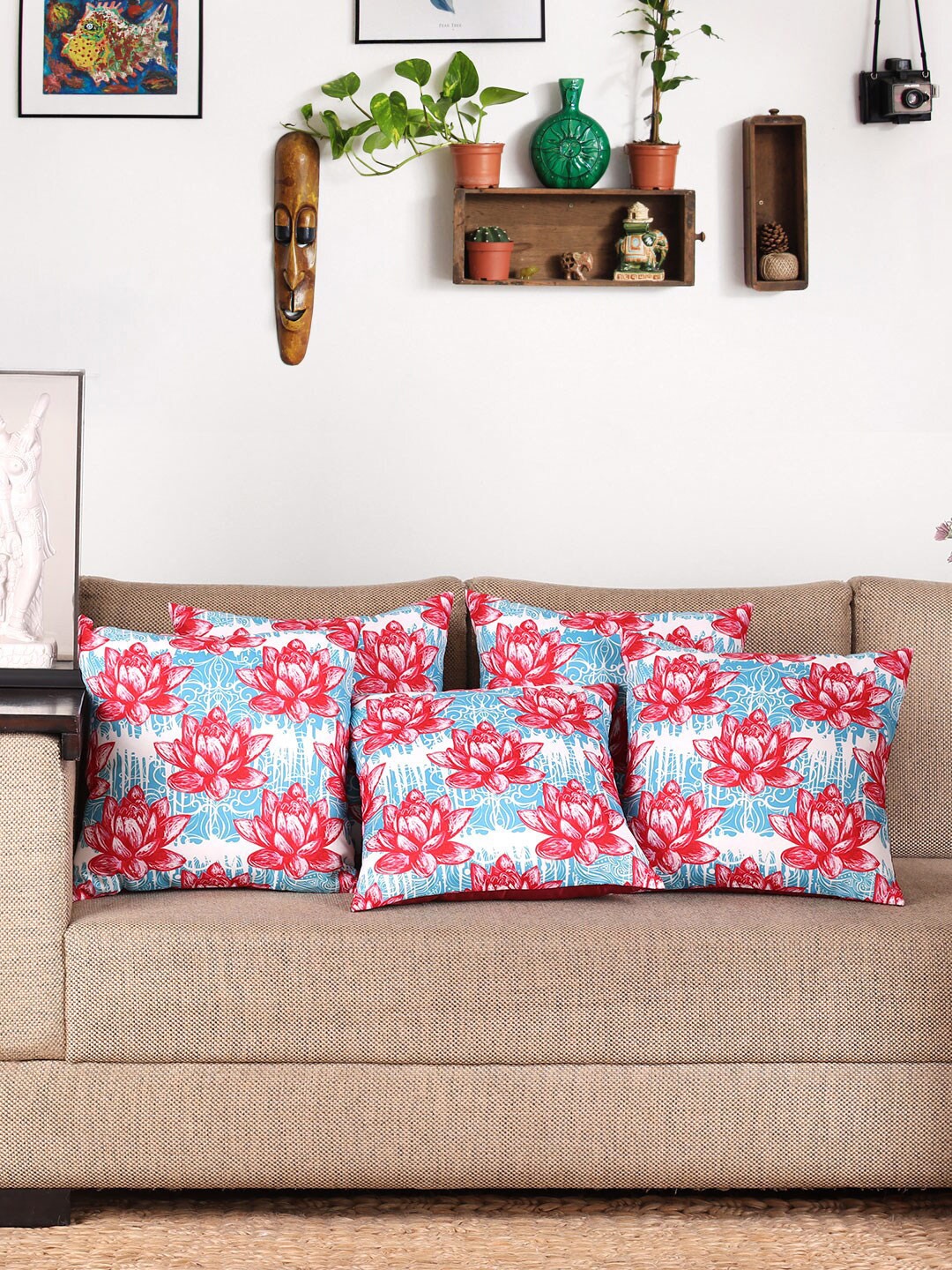 

NISRAG HOME Red & Blue 5 Pcs Floral Printed Square Cushion Covers