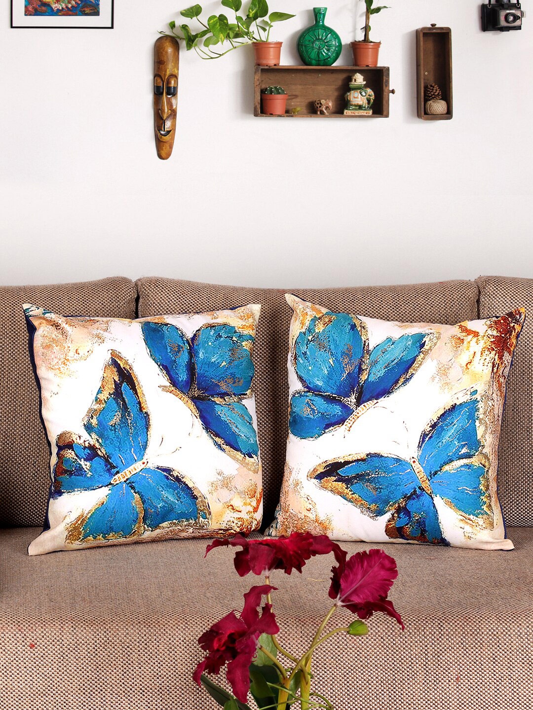 

NISRAG HOME Cream-Coloured & Blue 2 Pcs Butterfly Square Cushion Covers