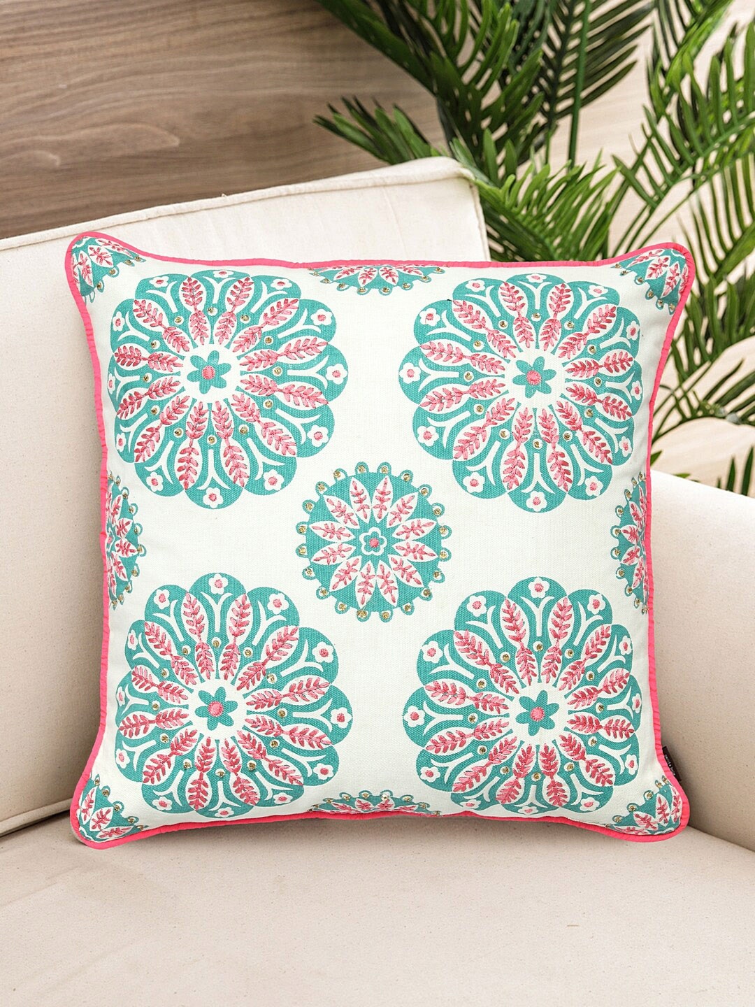 

NISRAG HOME Cream & Blue Embroidered Square Cushion Cover