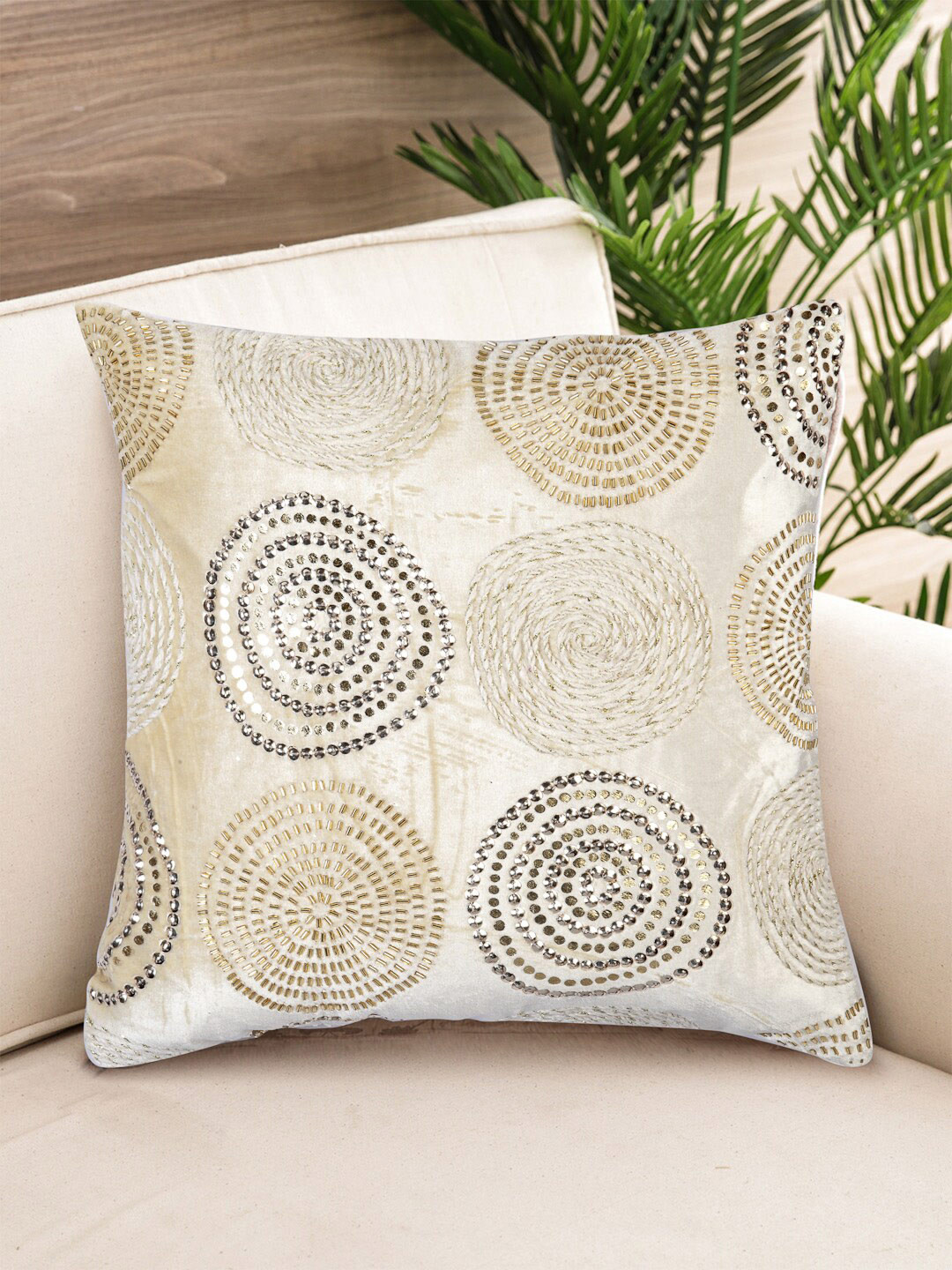 

NISRAG HOME Beige & Silver-Toned Embellished Velvet Square Cushion Cover
