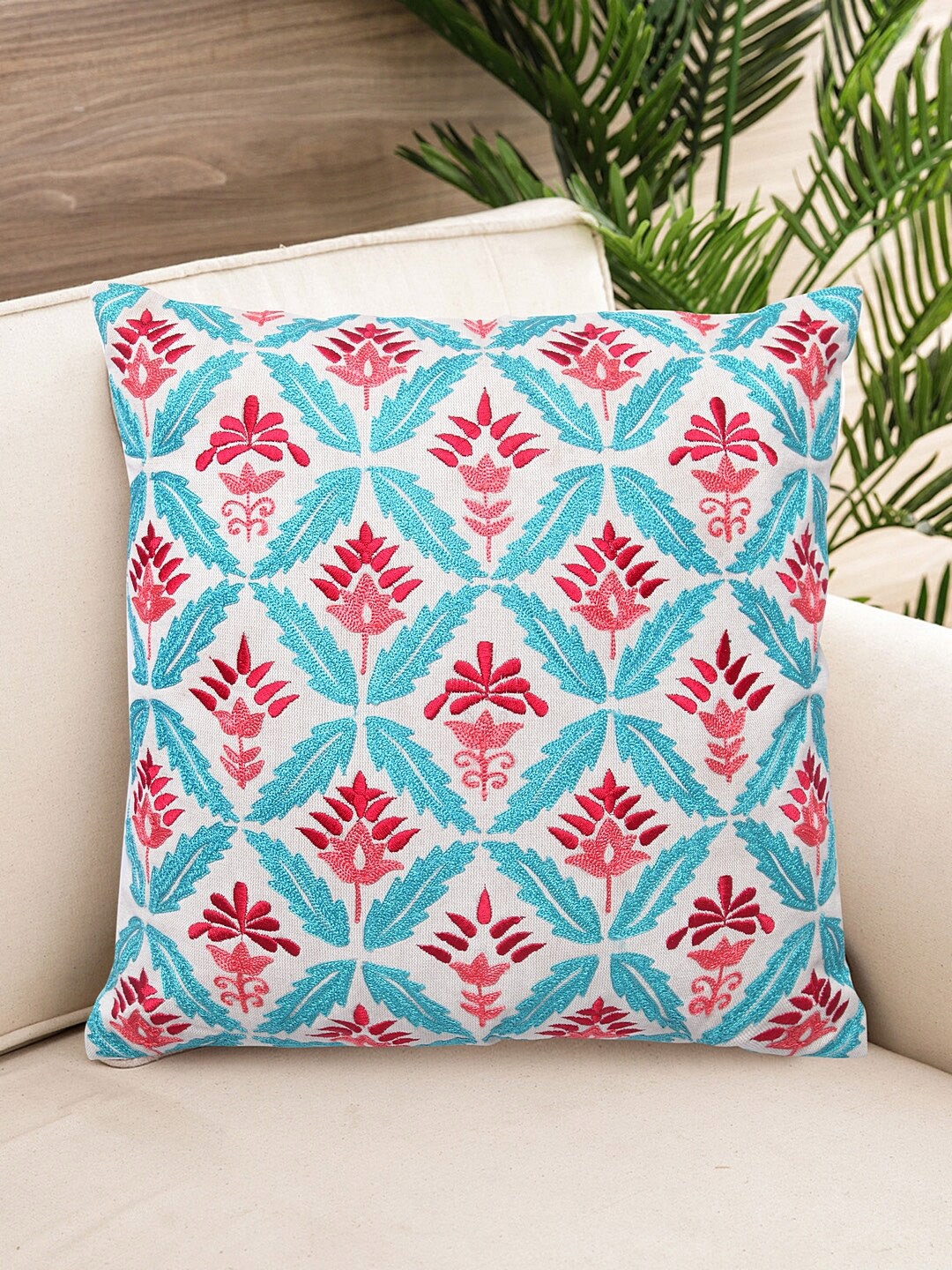 

NISRAG HOME White & Blue Floral Embroidered Cotton Square Cushion Cover