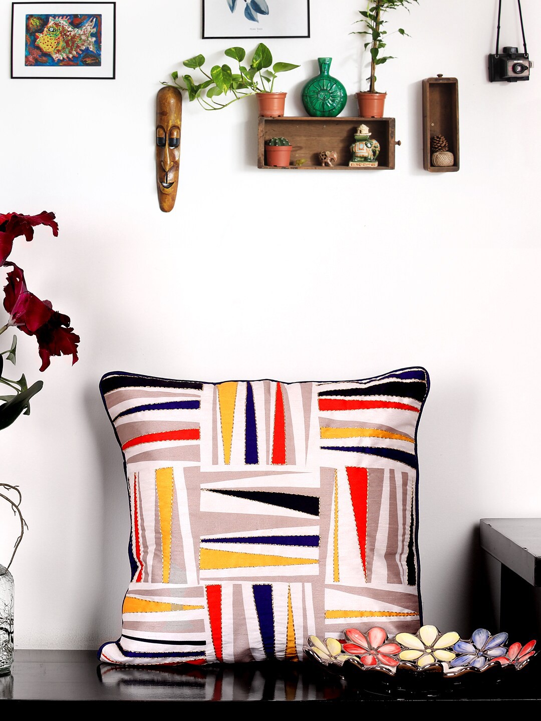 

NISRAG HOME White & Blue Abstract Square Cushion Cover