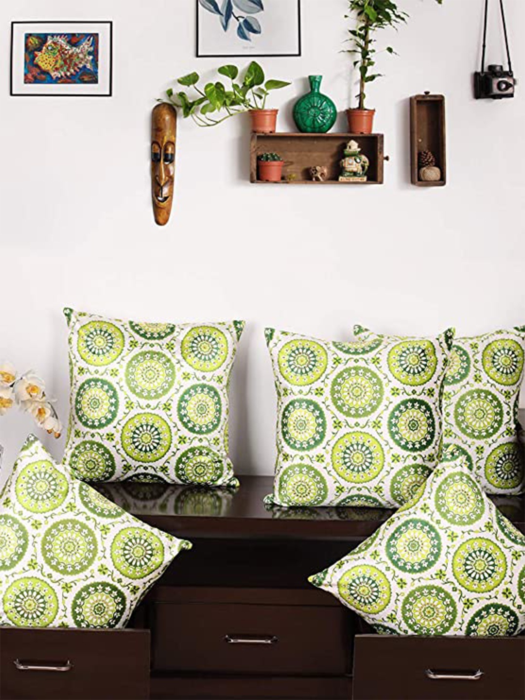 

NISRAG HOME White & Green 5 Pieces Floral Square Cushion Covers