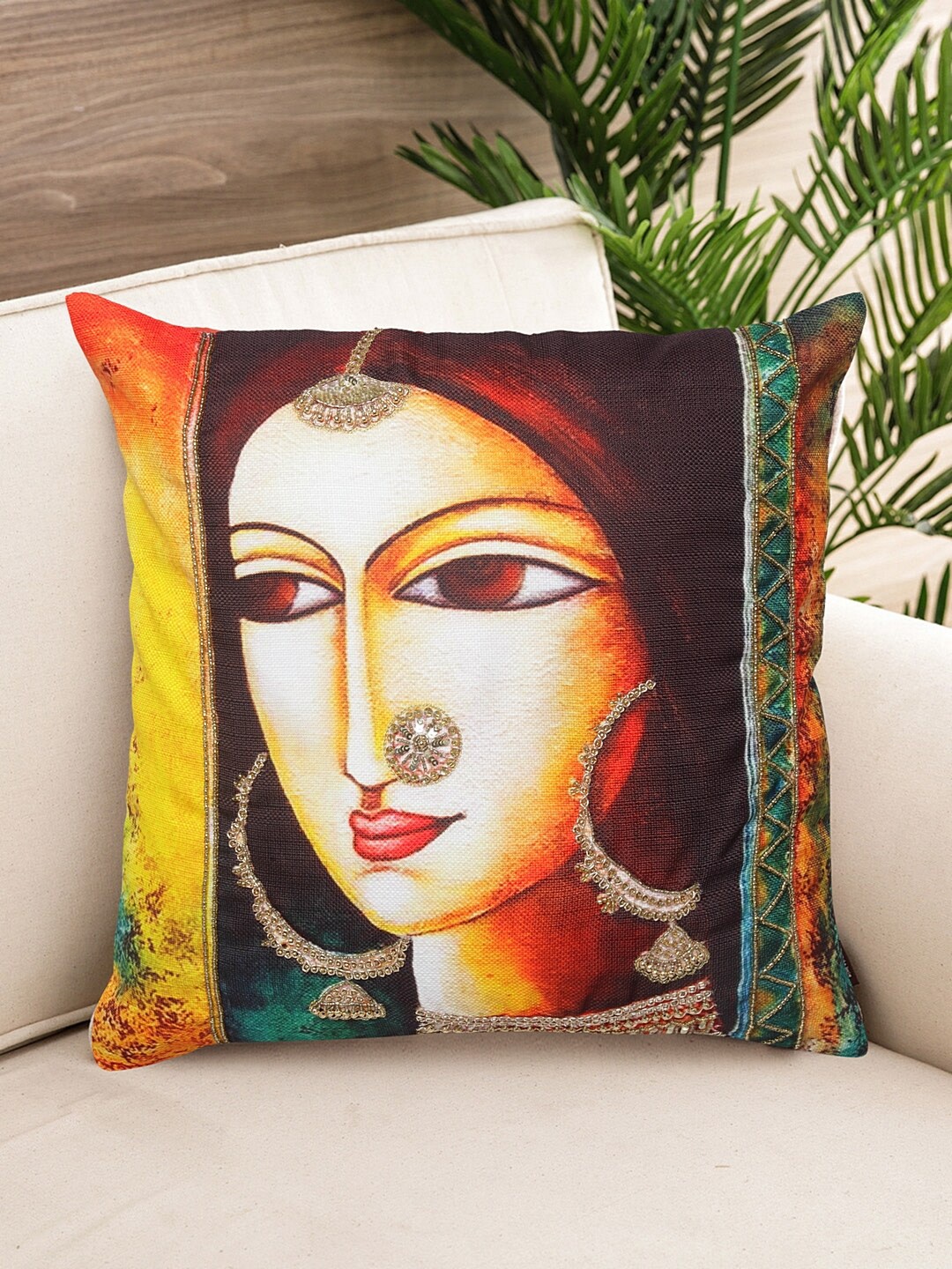 

NISRAG HOME Brown & Yellow Ethnic Motifs Square Cushion Cover