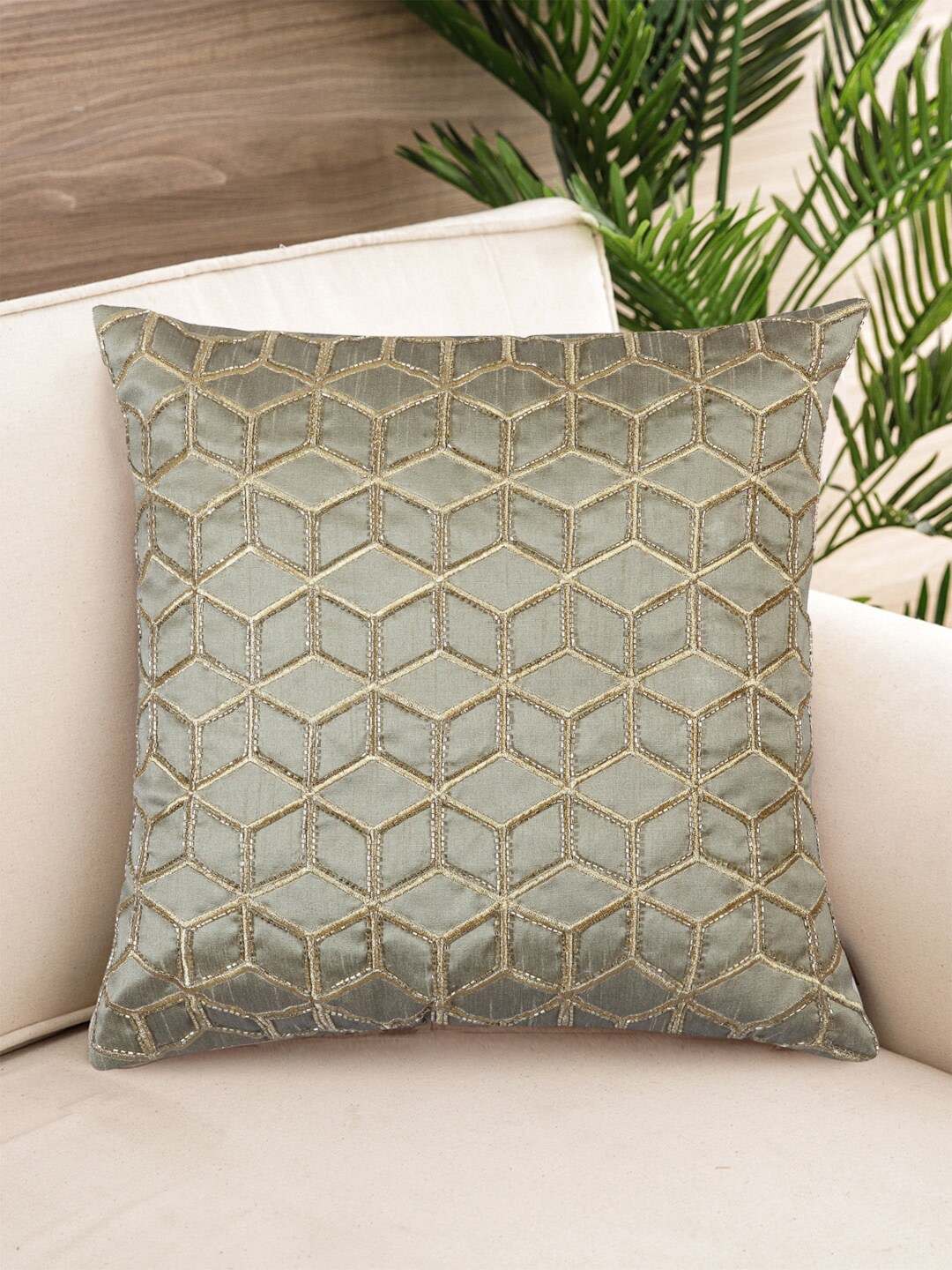 

NISRAG HOME Grey & Gold-Toned Embellished Square Cushion Cover