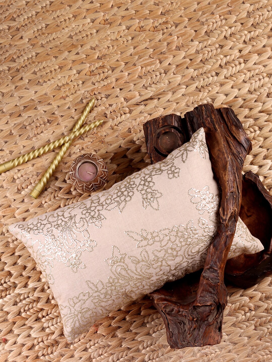 

NISRAG HOME Beige & Gold-Toned Embellished Linen Square Cushion Cover