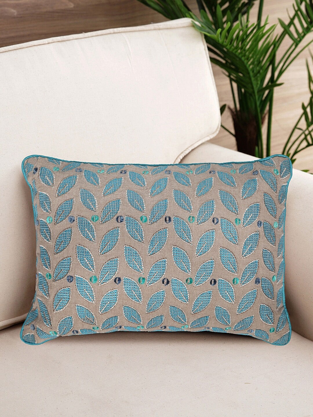 

NISRAG HOME Beige & Blue Embroidered Cotton Rectangle Cushion Cover