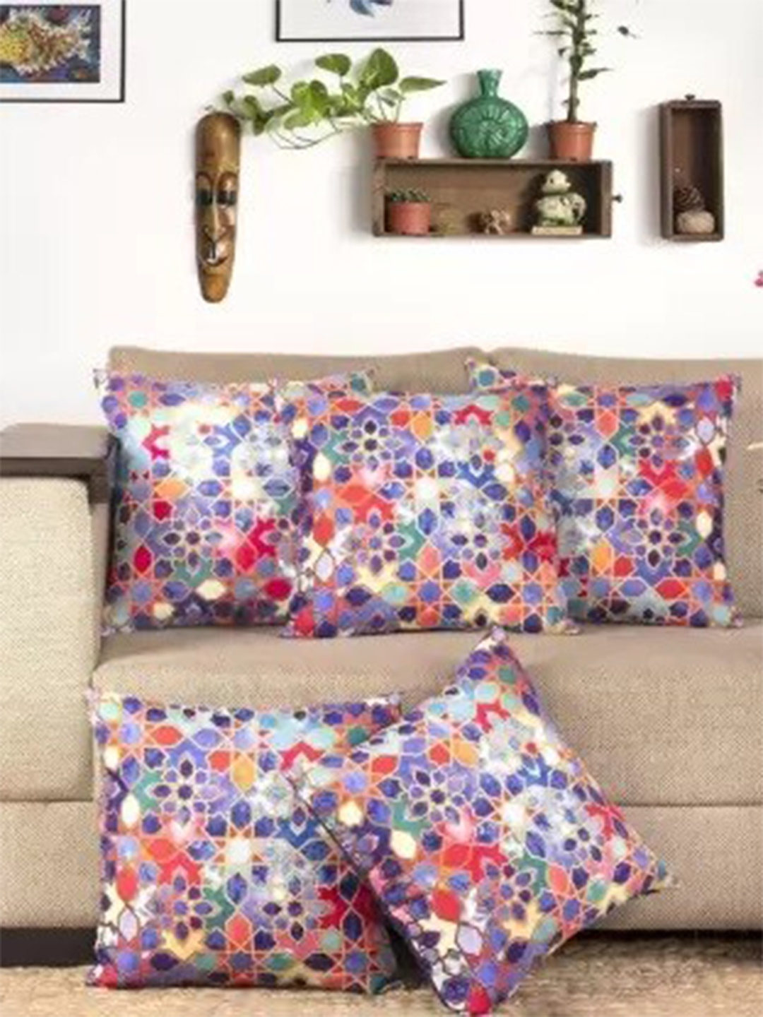 

NISRAG HOME Purple & Green 5 Pcs Embroidered Square Cushion Covers