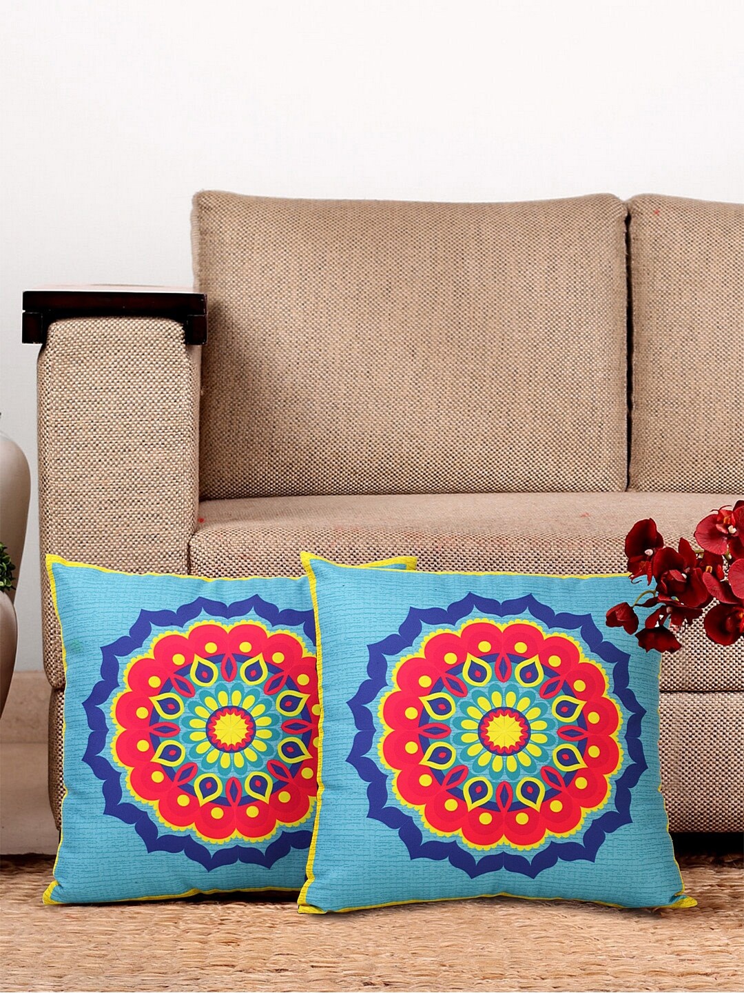 

NISRAG HOME Blue & Red 2 Pcs Ethnic Motifs Square Cushion Covers