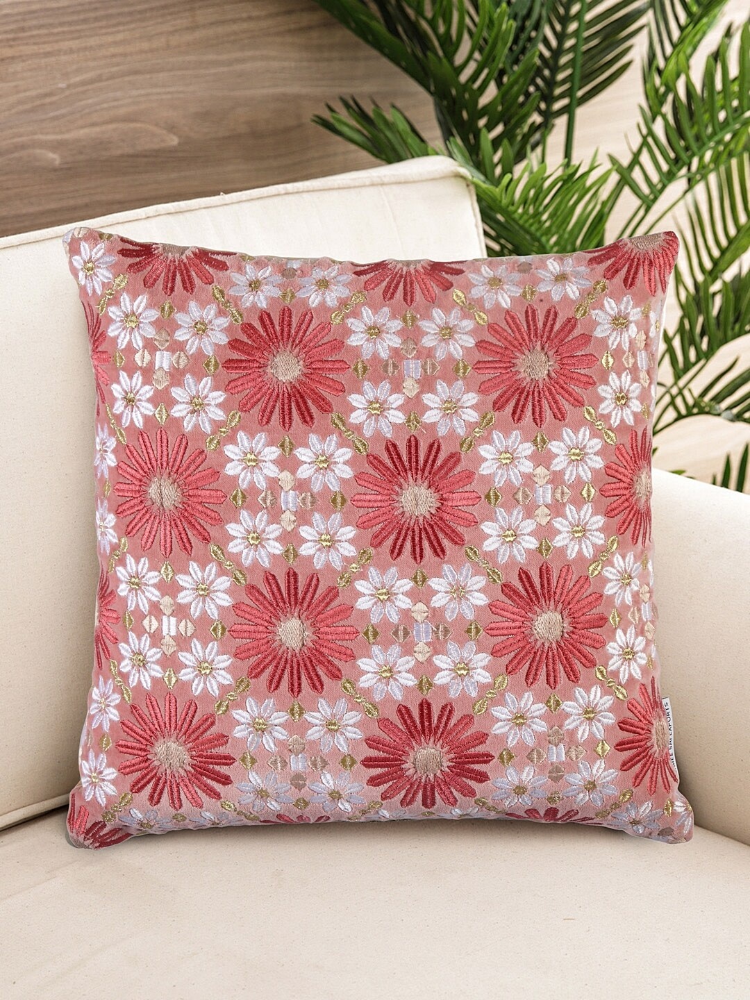 

NISRAG HOME Pink & Red Floral Embroidered Velvet Square Cushion Cover