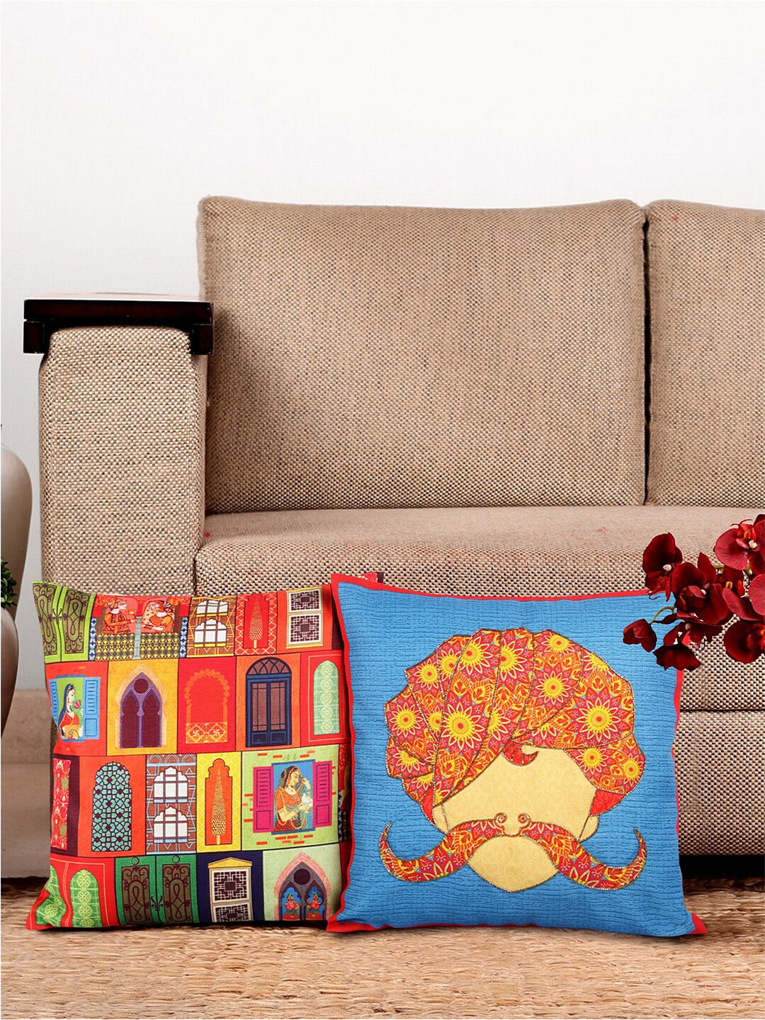 

NISRAG HOME Blue & Orange 2 Pieces Ethnic Motifs Square Cushion Covers