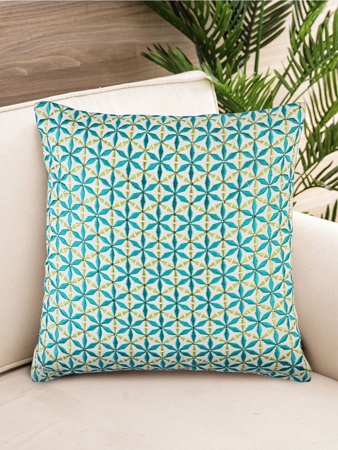 

NISRAG HOME White & Blue Embroidered Cotton Square Cushion Cover