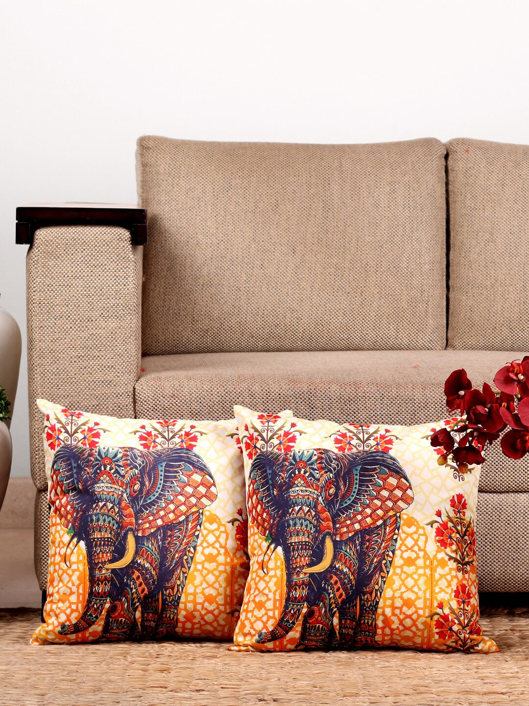 

NISRAG HOME White & Yellow 2 Pieces Ethnic Motifs Square Cushion Covers