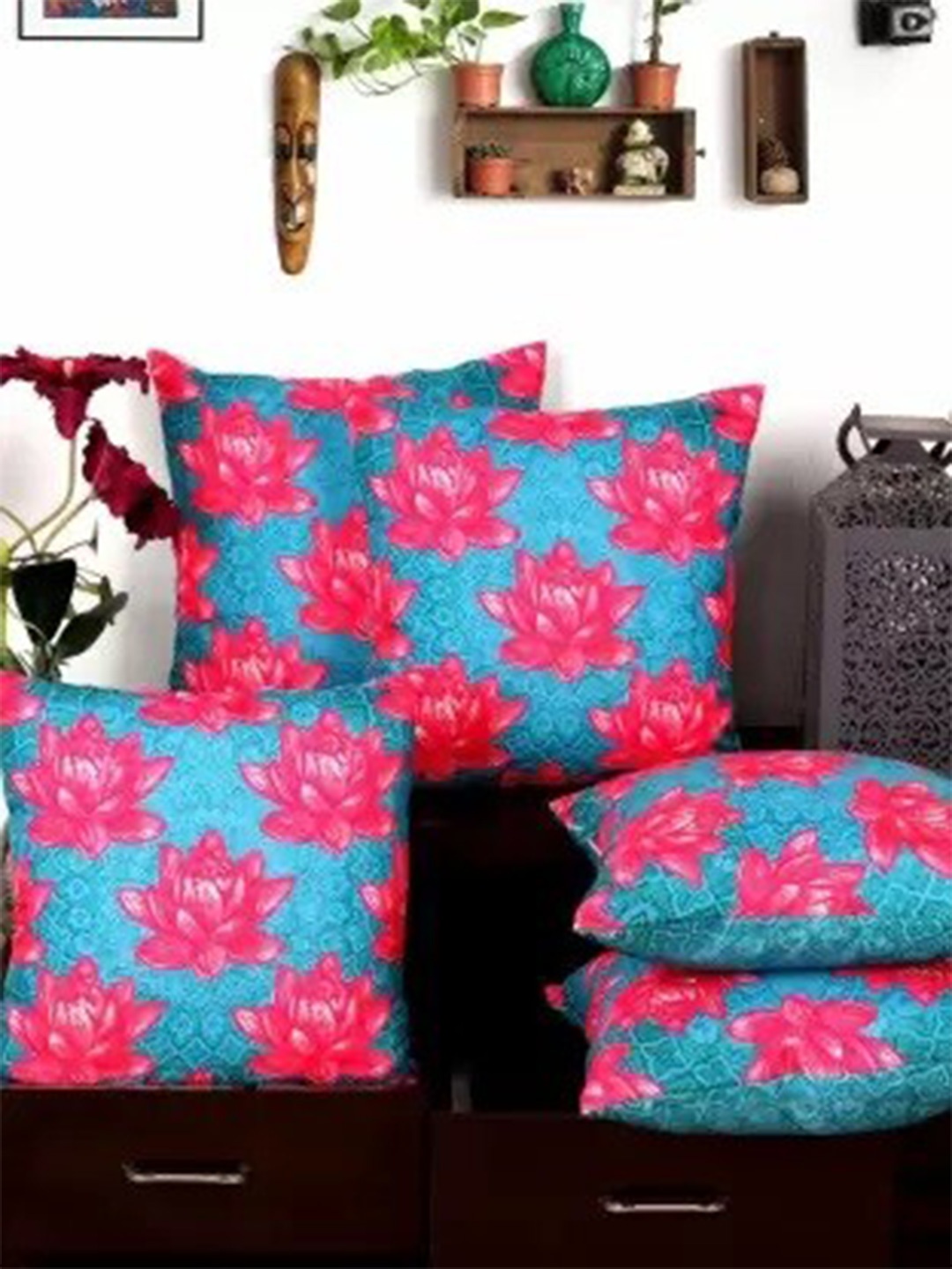 

NISRAG HOME Blue & Pink 5 Pcs Floral Printed Square Cushion Covers