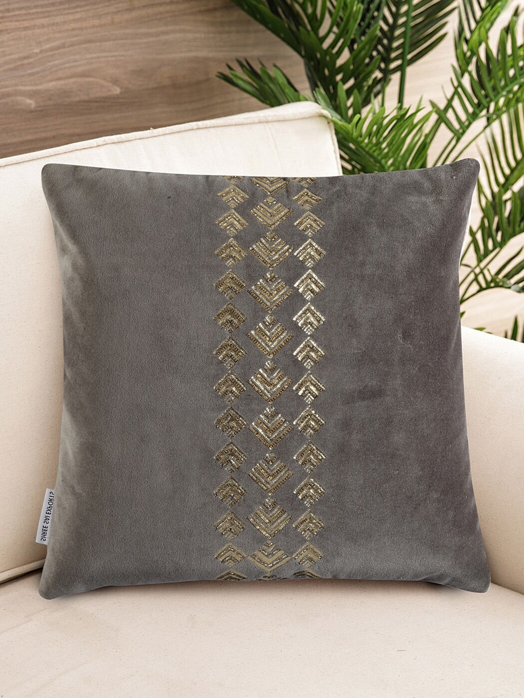 

NISRAG HOME Grey & Gold Embellished Velvet Square Cushion Cover