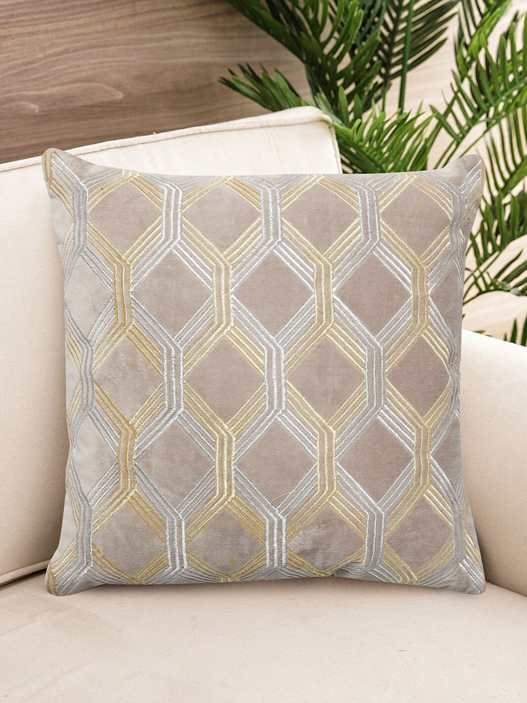 

NISRAG HOME Beige & Gold Toned Embroidered Velvet Square Cushion Cover