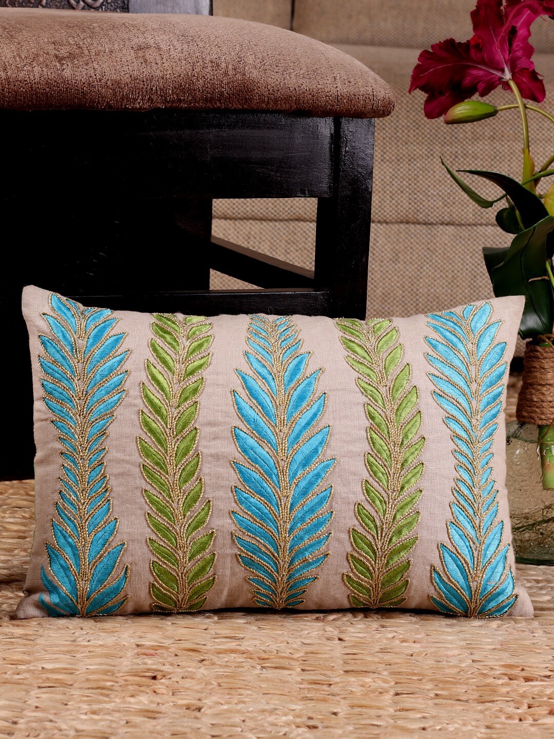 

NISRAG HOME Beige & Green Embellished Cotton Rectangle Cushion Cover