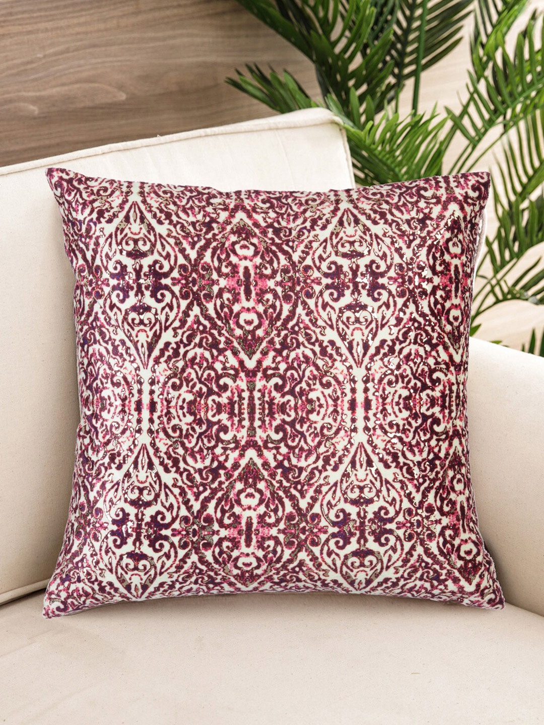 

NISRAG HOME Cream-Coloured & Pink Ethnic Motifs Printed Velvet Square Cushion Cover