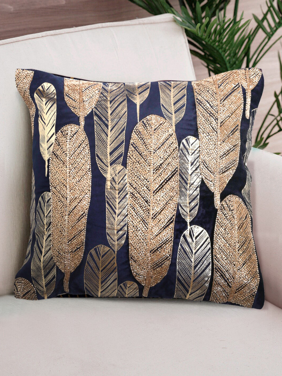 

NISRAG HOME Navy Blue & Beige Embellished Velvet Square Cushion Cover