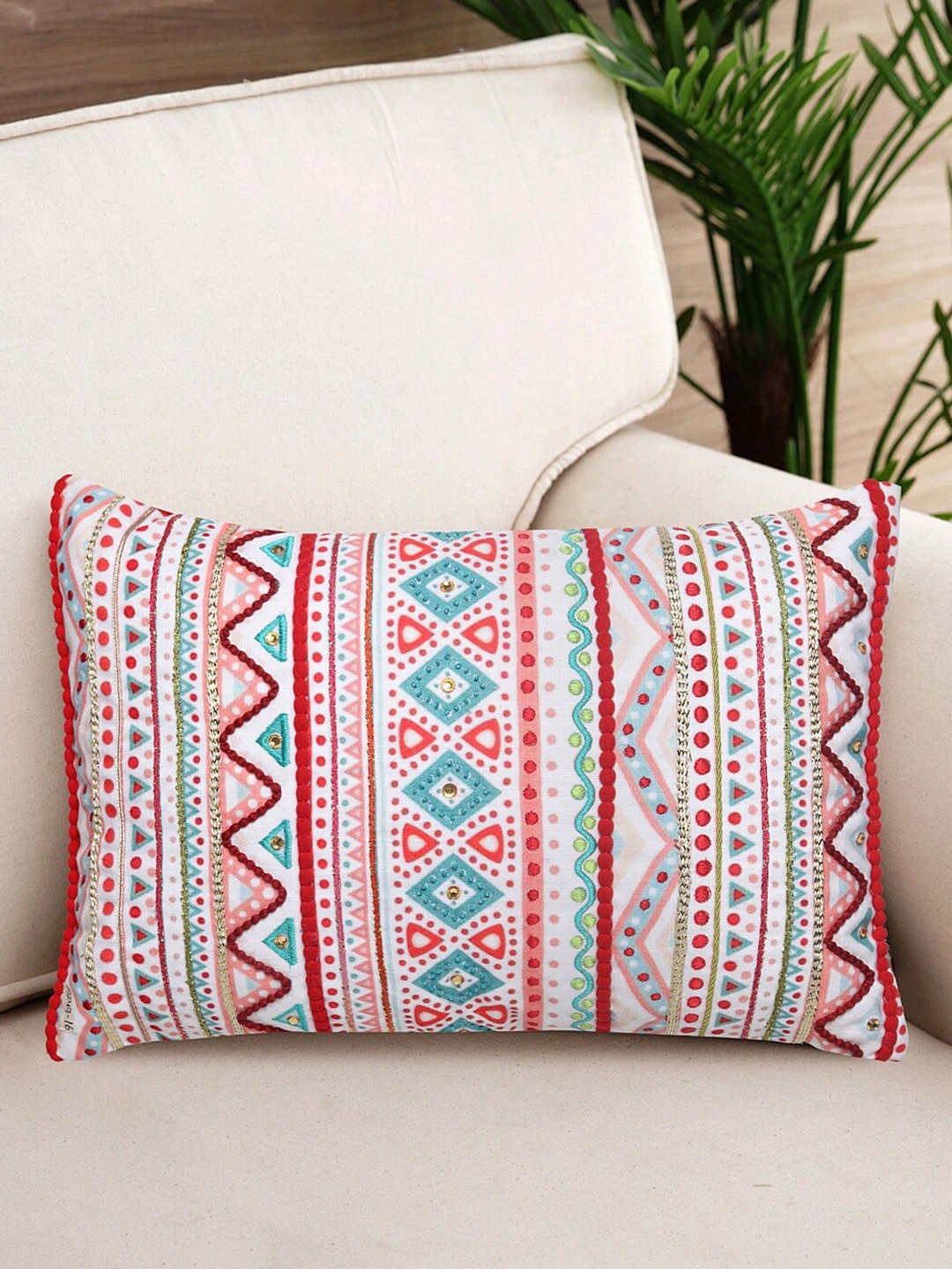 

NISRAG HOME White & Red Embroidered Rectangle Cushion Cover