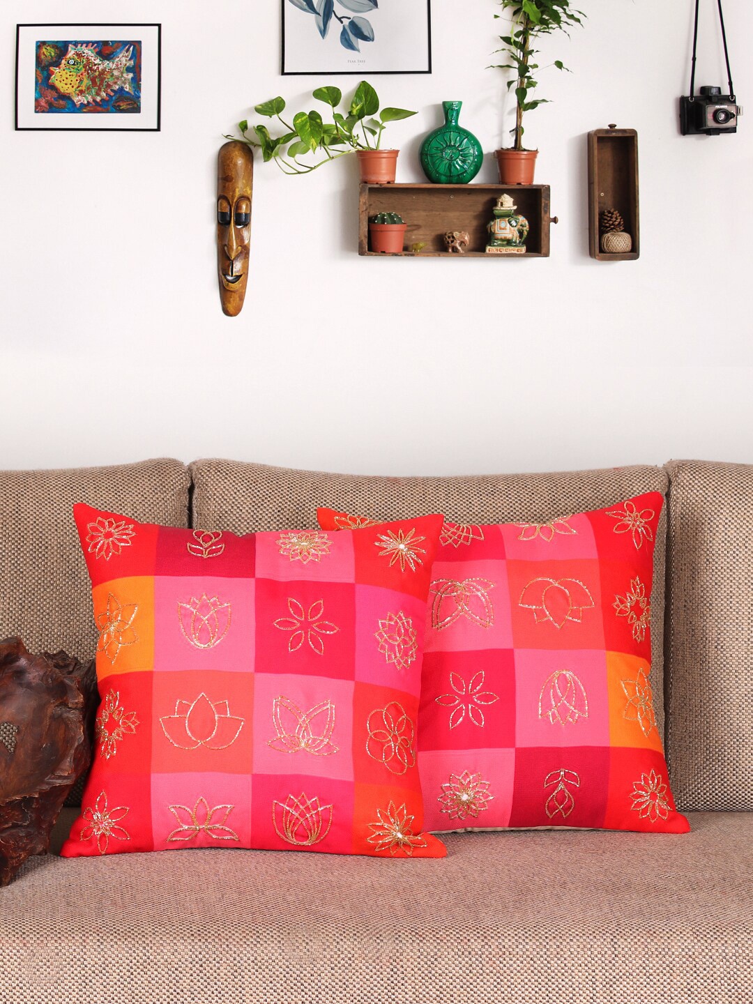 

NISRAG HOME Pink & Red 2 Pcs Embellished Square Cushion Covers