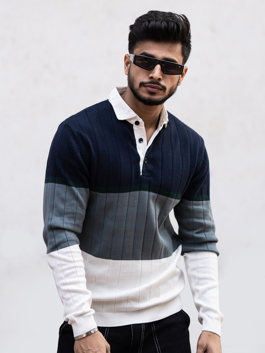 

Powerlook Colourblocked Shirt Collar Ribbed Sweatshirt, Navy blue