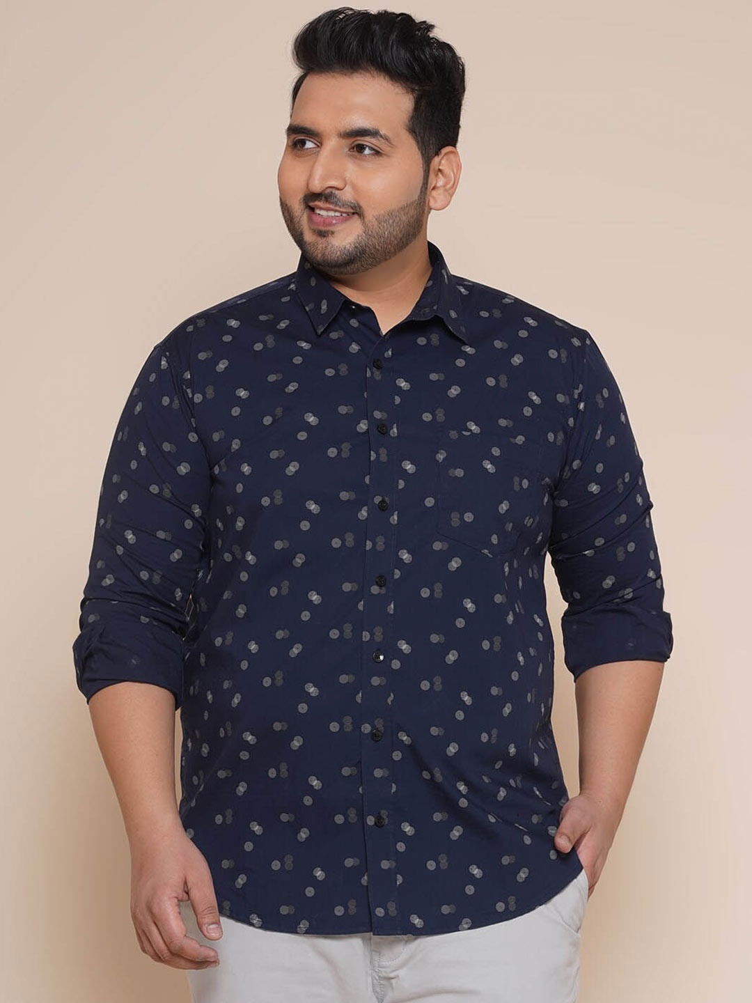 

John Pride Plus Size Geometric Printed Casual Cotton Shirt, Navy blue