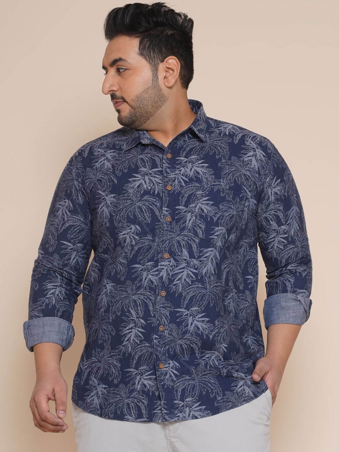 

John Pride Plus Size Tropical Printed Cotton Casual Shirt, Navy blue
