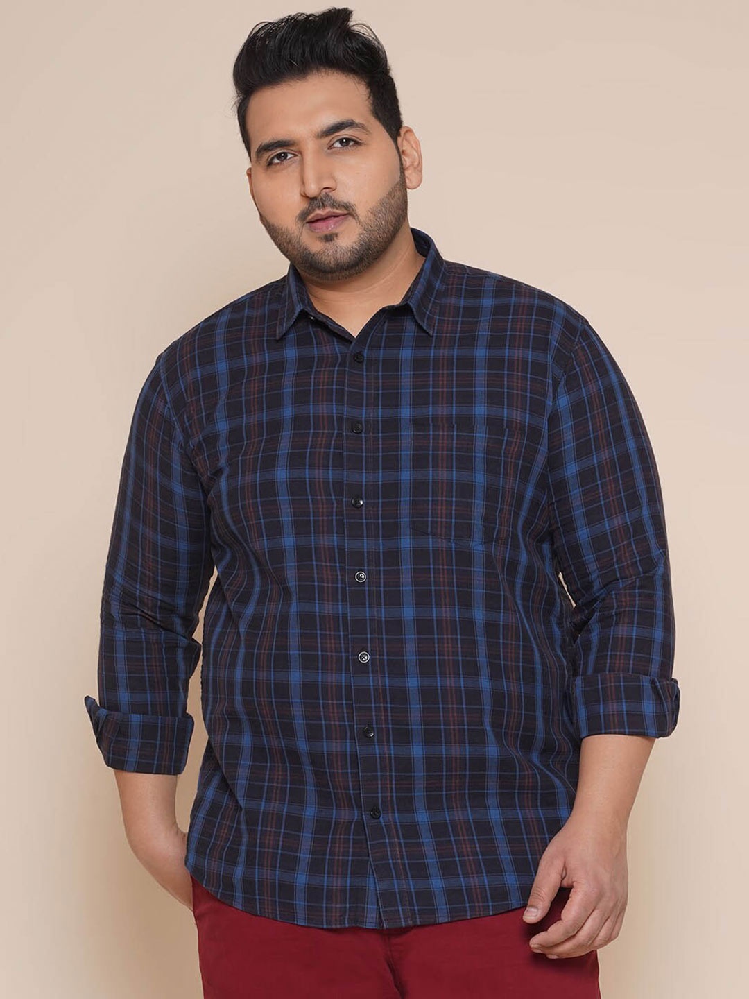 

John Pride Plus Size Tartan Checked Casual Cotton Shirt, Navy blue