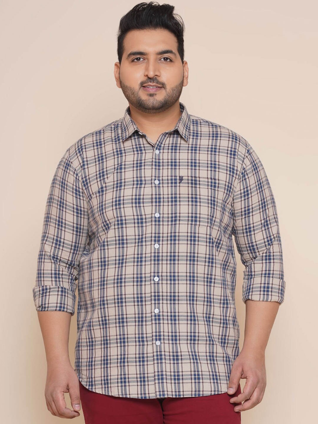 

John Pride Plus Size Tartan Checked Casual Cotton Shirt, Beige
