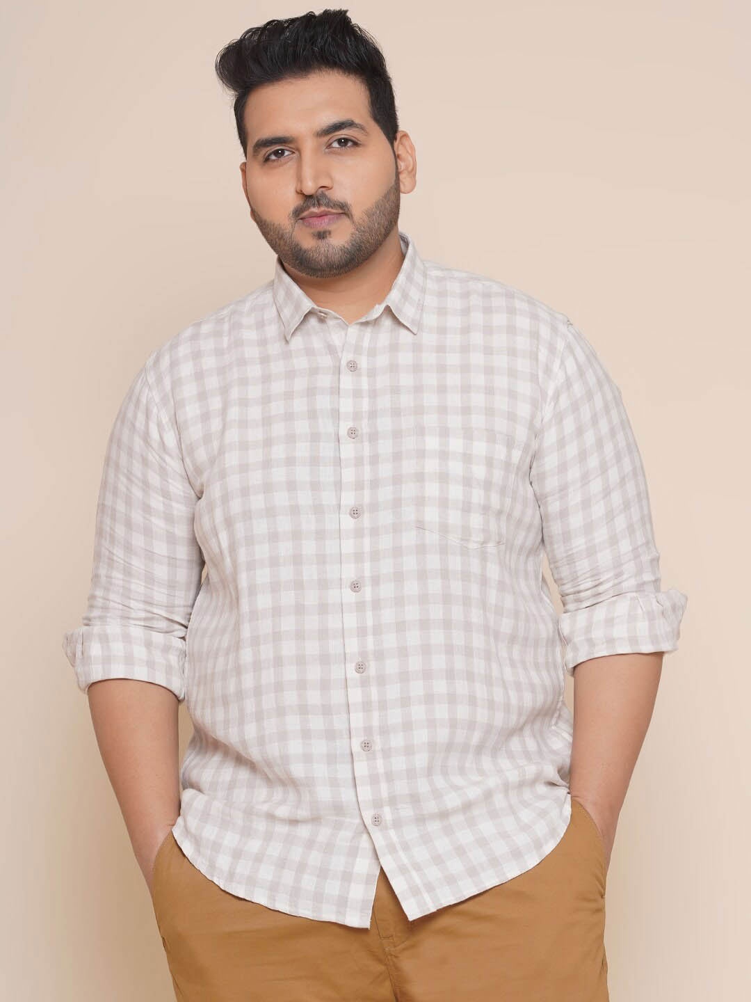 

John Pride Plus Size Gingham Checked Casual Shirt, Beige