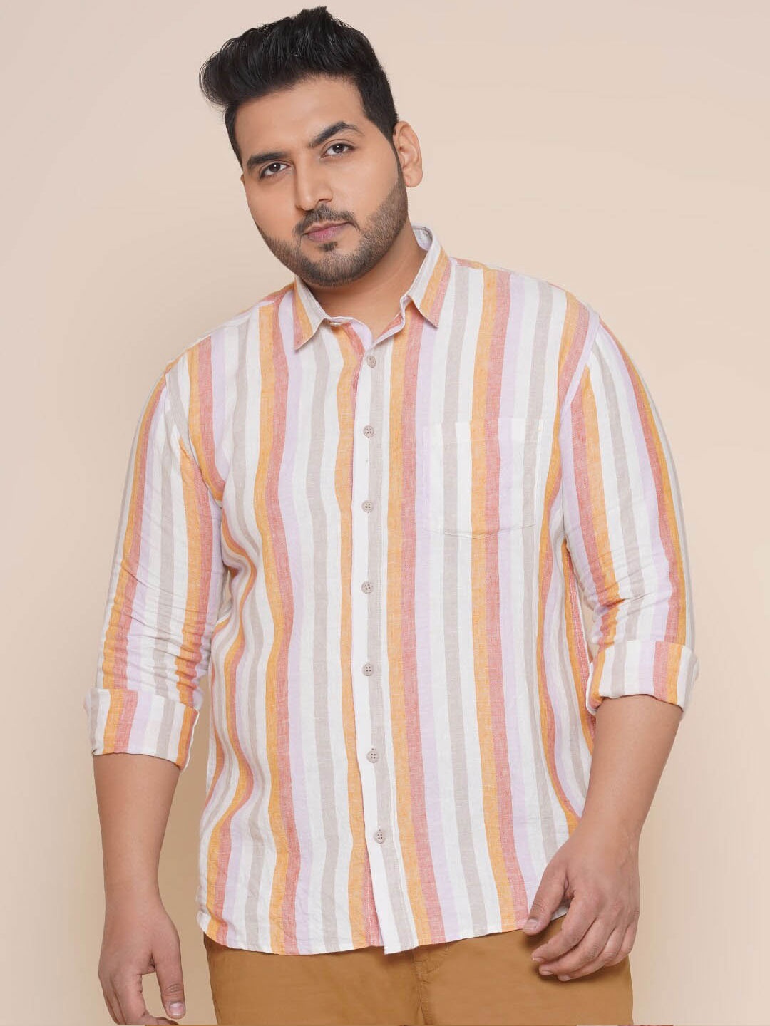 

John Pride Plus Size Vertical Striped Casual Pure Linen Shirt, White