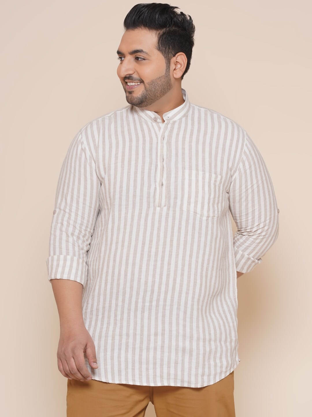 

John Pride Plus Size Vertical Striped Casual Pure Linen Shirt, Beige