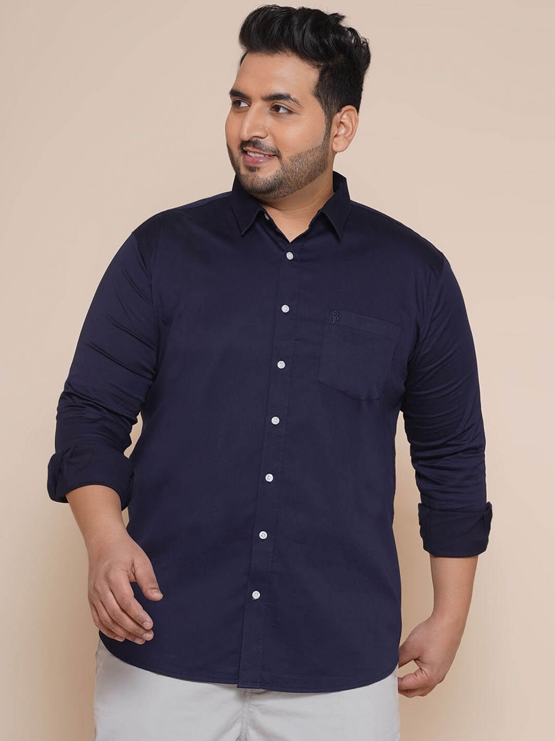 

John Pride Plus Size Casual Satin Shirt, Navy blue