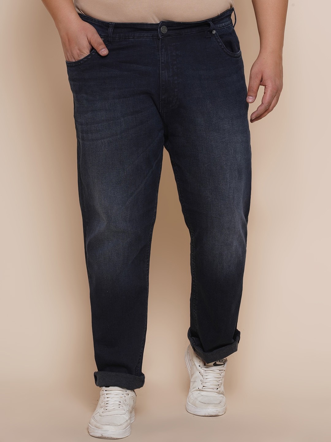 

John Pride Men Plus Size Mid-Rise Light Fade Stretchable Jeans, Navy blue
